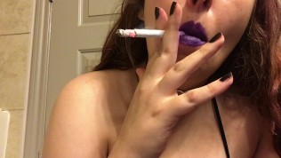 Chubby Goth Teen with Big Natural Tits Smoking 100 in Choker and Black Top