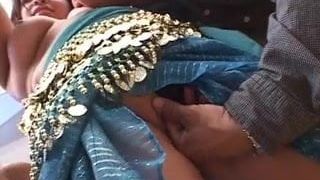 Chubby Indian babe with big ass on bed sucking and fucking two hard cocks